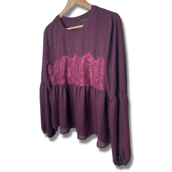 Halogen | Long Sleeve Burgundy Blouse with Lace Details | Size L - Picture 2 of 10